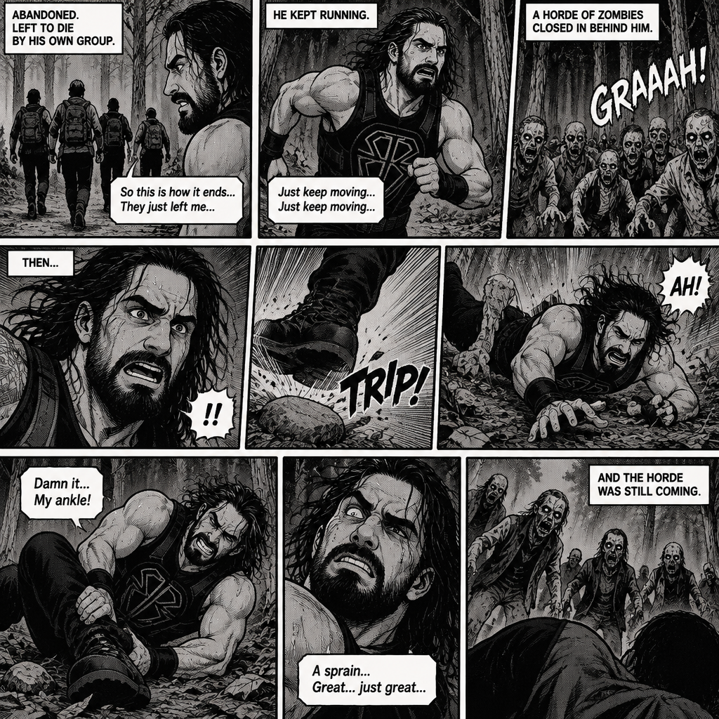 We’re in the woods during a zombie apocalypse,Someone was running…and that someone…was Seth Rollins. He was running from a horde of zombies after being abandoned and left to die by his own group. He kept running,Then…He tripped on a rock and sprained his ankle