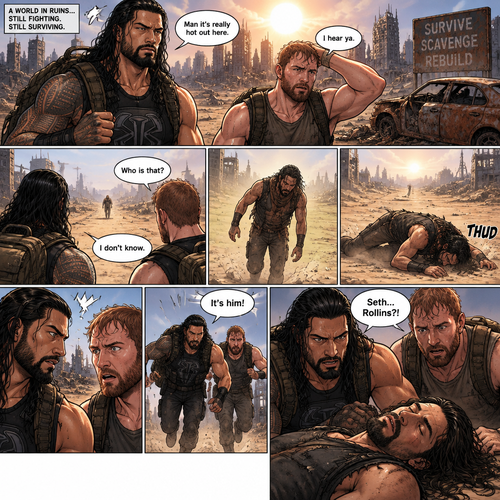 It’s a post apocalyptic world,Roman Reigns and Jon Moxley were side by side surviving the apocalypse together.They fought Bandits and raiders and scavenged for supplies.One day it was really hot outside. “Man it’s really hot out here” Said Roman. “I hear ya” Said Jon.They were about to head back to their base…then they see a person in the distance,He looked like he was overheating. “Who is that?” Asked Jon “I don’t know” said Roman.The person must’ve saw them because he began to walk towards them,but before he got closer to them he passed out due to overheating.Roman and Jon looked at each other,and then walked towards the unconscious man.when they got closer…they recognized him,They shocked…they ran towards him….It was Seth Rollins
