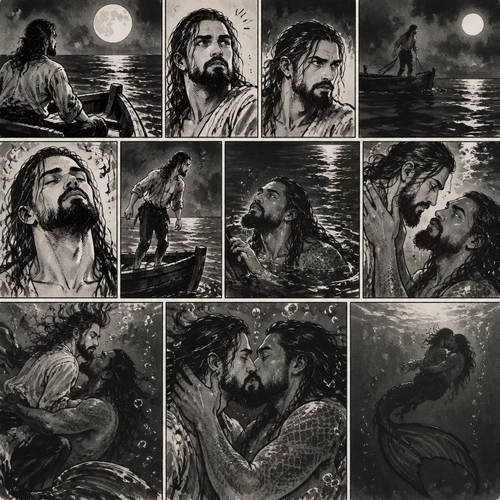 Seth Rollins was alone on a boat at night,He looked at the moon. Then….he heard…singing,he tried looking for the source. “Where is it coming from?” Seth asked himself. Then….the singing got louder,Then….Seth…strangely….started to relax…as if he was in a trance. He slowly…walked to the edge of the boat…as if the singing was telling him to. Then…something popped out of the water….it was a siren (Roman Reigns),The singing came from him. Still hypnotized by the siren song Seth learned forward. The siren gently pulled Seth underwater,He gently pulled Seth into his embrace,then…he kissed him