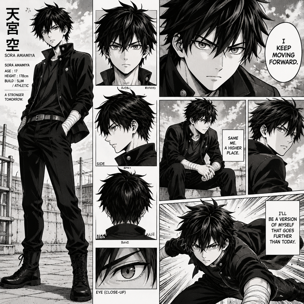 CHARACTER REFERENCE — SORA AMAMIYA
Create an original male shonen manga protagonist named Sora Amamiya. Use a consistent black-and-white Japanese manga art style with clean ink lines, detailed cross-hatching, and dramatic screentones.
HAIR: Messy, layered jet-black hair with distinctive pointed strands and uneven bangs falling over his forehead. Keep the hairstyle identical in every appearance.
EYES: Sharp, deep-grey eyes with dark pupils and clear outlines. Keep their shape consistent between panels.
FACE: Youthful facial structure, defined eyebrows, straight nose, and a serious but natural expression. No facial scars, tattoos, or markings.
OUTFIT: A fitted black high-collar jacket with silver buttons, a plain dark shirt, black trousers, a narrow belt, sturdy lace-up boots, and simple wrist wraps. No clan symbols, badges, or logos.
SILHOUETTE: A recognizable slim, athletic shonen protagonist design. Keep the hairstyle, facial features, proportions, and clothing identical across all illustrations.
ART STYLE: Traditional black-and-white manga, high-contrast ink shading, screentones, expressive eyes, crisp line art, and cinematic panel composition.
IMPORTANT: This is the same character in every image. Do not change his hair, eyes, outfit, or facial structure. Do not add weapons, supernatural effects, accessories, or powers unless explicitly requested.