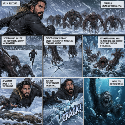It’s a blizzard…During a monster apocalypse. Seth Rollins was on the run from a group of monsters. He ended up on ice over a frozen lake. The ice began to crack under the group of monsters combined weight. Seth kept running while the monsters fell through the ice and ended up in the water. He almost made it to the ground….But then the ice cracked under him and he fell into the water