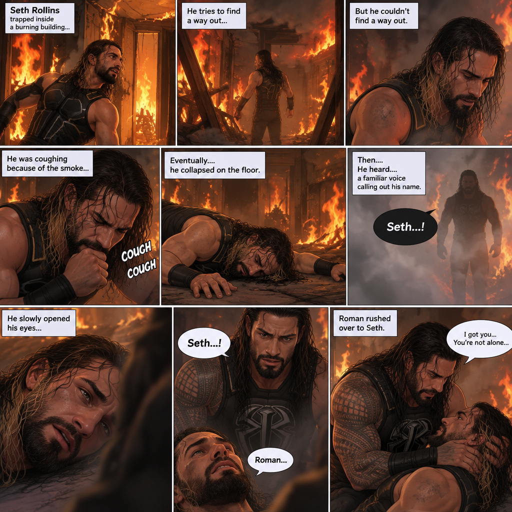 Seth Rollins is in a burning building,He tries to find a way out,he couldn’t find a way out. He was coughing because of the smoke,Eventually….he collapsed on the floor. Then….He heard….a familiar voice calling out his name. He slowly opened his eyes…it was Roman Reigns. Seth weakly called out Roman’s name. Roman rushed over to Seth