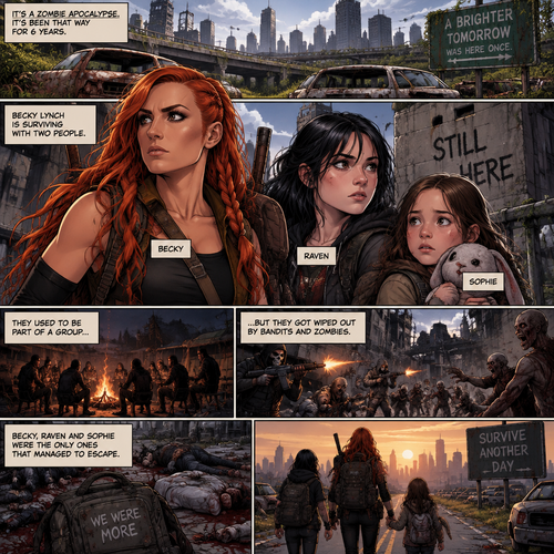 It’s a zombie apocalypse,It’s been that way for 6 years,Becky lynch is surviving with two people,A teenager named Raven and a little girl named Sophie. They used to be part of a group…but they got wiped out by Bandits and Zombies,Becky,Raven and Sophie were the only ones that managed to escape