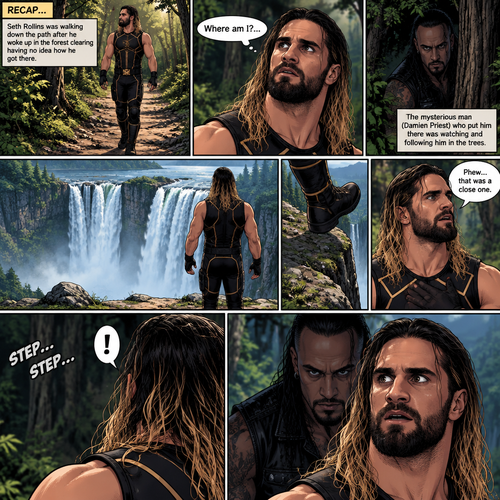 (Recap).Seth Rollins was walking down the path after he woke up In the forest clearing having no idea how he got there.The mysterious man (Damien Priest) who put him there was watching and following him in the trees.(And now part 3). Seth made it to the end of the path,there was a view of the a water fall.He was about to walk closer…but then he realized he’s at an edge of a cliff. “Phew…that was a close one” Seth said to himself,Then….he heard footsteps behind him.The mysterious man was right behind him