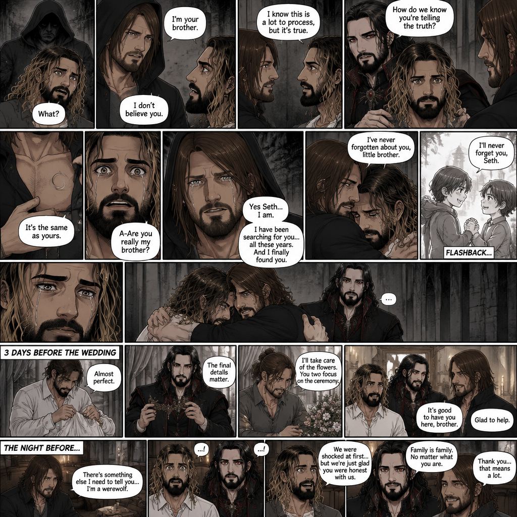 (Recap) Seth Rollins (The vampire hunter turned Bride of the Vampire king) was almost kidnapped by A mysterious figure (AJ Styles),Jon Moxley (Vampire King) Saved Seth,The man took off the hood and revealed he’s Seth’s brother,Seth was stunned. “What?” Seth asked,”I’m your brother” said Aj,Seth shook his head a little,”I don’t believe you” Said Seth,”I know this is a lot to process,but it’s true” said Aj,Jon gently pulled Seth to his side,”How do we know you’re telling the truth?” Jon asked cautiously,Aj shows his birthmark,It’s the shape of a crescent moon…just like Seth’s. Seth was stunned,All this time he thought he was the only one with that birthmark’”A-Are you really my brother?” Seth asked,”Yes Seth…I am” said Aj,”I have been searching for you…all these years” Aj paused,Tears welling up in his eyes,”And I finally found you” Aj continued,Seth didn’t know what to say,Neither did Jon,”I’ve never forgotten about you,little brother” Said Aj,Something flashed in Seth’s mind,it was a memory of himself and Aj when they were little,Aj (as a kid) had promised Seth he would never forget him,The flashback ends,Tears welled up in Seth’s eyes,Seth and Aj hugged each other,Jon just watched. (And now part 8). 3 days before the wedding,Seth and Jon were still preparing. Aj helped out. The night before Aj had told Jon and Seth that he’s a werewolf. Seth and Jon were shocked but were happy that Aj was being honest with them