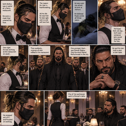 Seth Rollins is a waiter at a fancy restaurant,He’s wearing a mask that covers his face. The reason for that is heartbreaking. All his life he was told he was ugly and no one will love him. He was even too afraid to look at mirrors. He believed those words all those years. He hopes that one day…he’ll meet someone who would love him for him. One night he was working at the restaurant as usual…then suddenly….a group of men walked in the restaurant,One amongst them…was Roman Reigns,One the most feared Mafia bosses in the city. He and his men took a seat at the table. He snapped out of it and focused on working,One of the waitresses went to Roman’s table