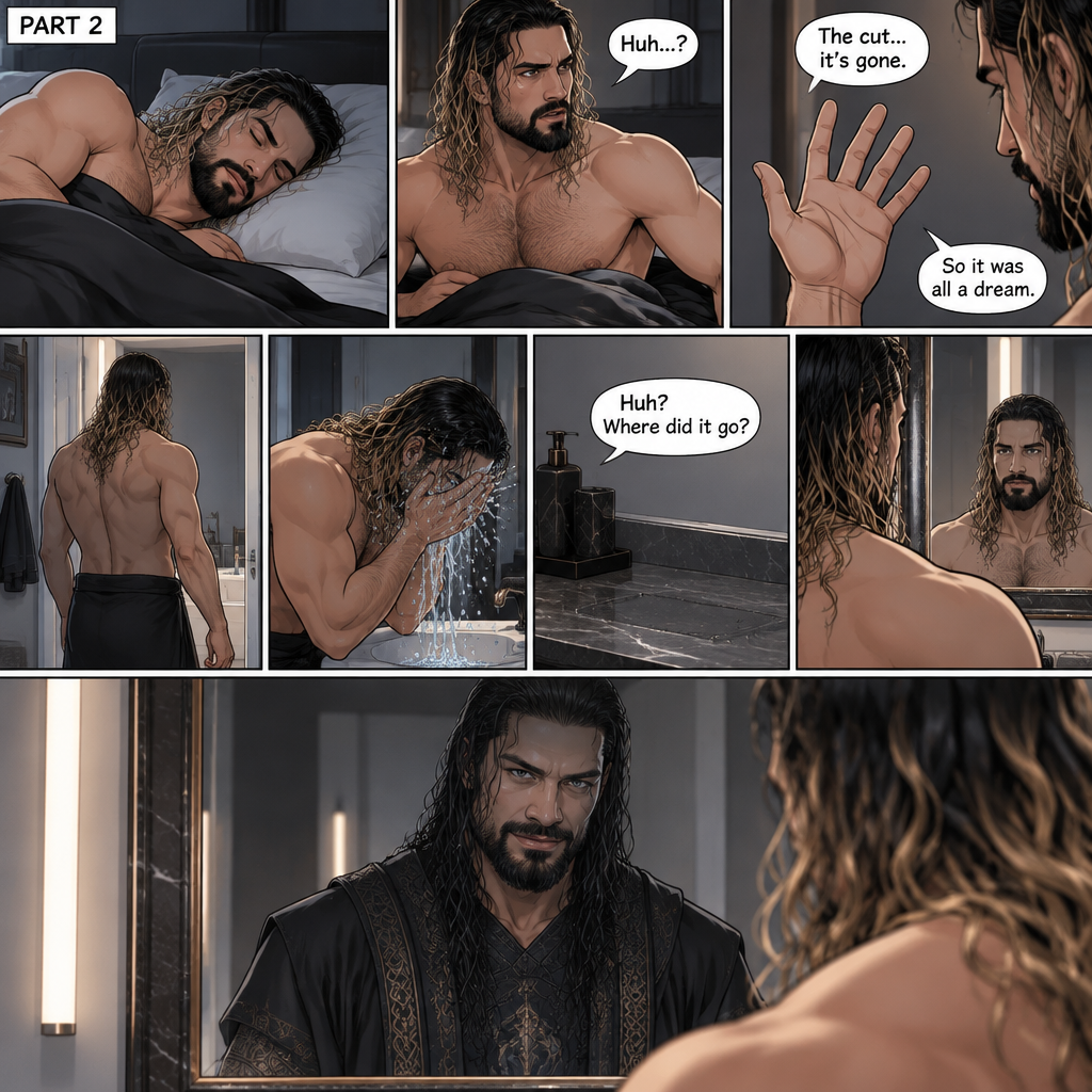 (Recap) Seth Rollins Was walking in the forest near his house,he discovered a statue of a sorcerer (Roman Reigns),he finds a hole on it,then he accidentally cuts his hand,A little bit of his blood dripped in the hole,then it broke apart…revealing the sorcerer himself,Seth was shocked,the sorcerer grabbed Seth’s wrist and pulled him closer,He looked at Seth’s eyes,then he used a spell to make Seth sleep,then he lifted Seth in his arms. (And now part 2). Seth was asleep on his bed,then he woke up. He sat up confused. He looked at his hand…the cut was gone. “So it was all a dream” Seth said to himself. He got up and walked to the bathroom,then he splashed cold water on his face. He reached for his hairbrush….it wasn’t there. “Huh? Where did it go?” Seth asked himself. He looks at the mirror….and sees the sorcerer