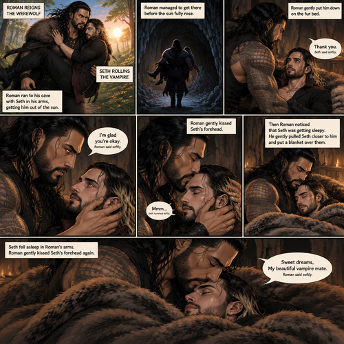 (Part 2 of the Werewolf x Vampire story) Roman Reigns (The werewolf) was running to his cave with Seth Rollins (The vampire) in his arms getting him out of the sun. Seth held on tightly. Roman managed to get there before the sun fully rose. Seth was relieved. Roman gently put him down on the fur bed. “Thank you” Seth said softly. Roman gently put his hand on Seth’s cheek. “I’m glad you’re okay” Roman said Softly. He gently kissed Seth’s forehead. Seth hummed softly. Then Roman noticed that Seth was getting sleepy. He gently pulled Seth closer to him and put a blanket over them. Seth fell asleep in Roman’s arms. Roman gently kissed Seth’s forehead again. “Sweet dreams,My beautiful vampire mate” Roman said softly