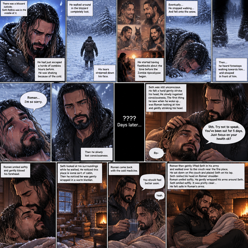 There was a blizzard outside,Seth Rollins was in the middle of it,He had just escaped a horde of zombies hours before.He was shaking because of the cold.He walked around in the blizzard completely lost.His tears streamed down his face.He started having flashbacks about the time before the Zombie Apocalypse began.Eventually….He stopped walking…And fell onto the snow,Then….he heard footsteps walking towards him…and stopped in front of him.He looked up…It was Roman Reigns.He thinks it’s a hallucination. “Roman…I’m so sorry” Seth said to the “Hallucination”,Then he slowly lost consciousness. ???? Days later,Seth was still unconscious,He felt a hand gently stroke his head,He slowly regained consciousness,The first thing he saw when he woke up…was Roman looking at him and Gently stroking his head.He tried to speak “Ro-“. “Shh,Try not to speak,You’ve been out for 5 days,Just focus on your health ok?” Roman said Softly.Seth gave a small nod.Roman smiled softly and gently kissed his forehead.Roman went to the bathroom to get Seth some cold medicine.Seth looked at his surroundings while he waited,He noticed this place is some sort of cabin,Then he noticed he was gently wrapped in a warm blanket.Roman came back with the cold medicine.Seth slowly sat up.Roman Gave Seth the medicine,He drank it.He finished it.“You should feel better soon” Roman said softly. Seth nodded in agreement.Roman then gently lifted Seth in his arms and walked over to the couch near the fire place,He sat down on the couch and Placed Seth on his lap.Seth rested his head on Roman’s shoulder.Roman smiled softly,He gently wrapped his arms around Seth.Seth smiled softly,It was pretty clear…He felt safe in Roman’s arms