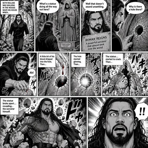 Seth Rollins was walking in the woods near his house,Then…he discovered an old statue Of a man in a cloak (Roman Reigns). “What’s a statue doing all the way out here?” Seth asked himself. He looks at the nameplate “Roman Reigns,A powerful sorcerer that almost took over the world”. “Well that doesn’t sound unsettling” Seth said to himself sarcastically. Then he noticed a hole on the statue. “Why is there a hole there?” Seth asked himself. Then….Seth somehow accidentally cut his hand. A little bit of his blood dripped into the hole,Then…..the hole started glowing,Then the statue….started to crack. Then…the statue broke apart….revealing…the sorcerer himself. Seth was shocked 