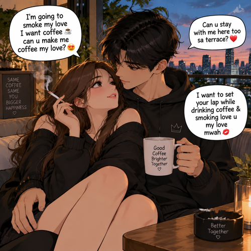 I’m going to smoke my love I want coffee ☕️ can u make me coffee my love 😍 tapos can u stay with me here too sa terrace I want to set your lap while drinking coffee & smoking love u my love mwah 💋 