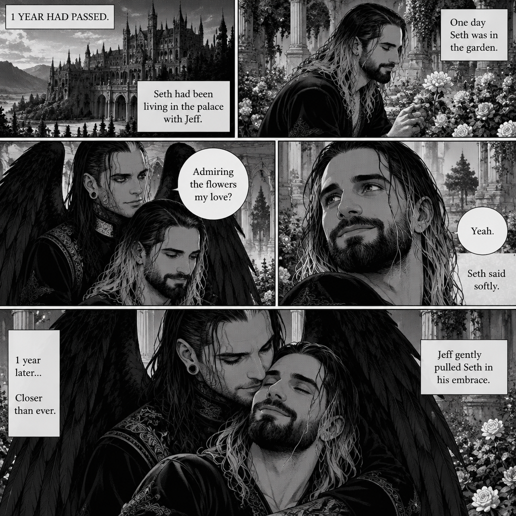 (Part 4 of the dark angel X human story). 1 year had passed,Jeff Hardy (The dark angel king) and Seth Rollins are more closer than ever. Seth had been living in the palace with Jeff. One day Seth was in the garden. Jeff walked behind him. “Admiring the flowers my love?” Jeff asked. Seth smiled softly. “Yeah” Seth said softly. Jeff gently pulled Seth in his embrace
