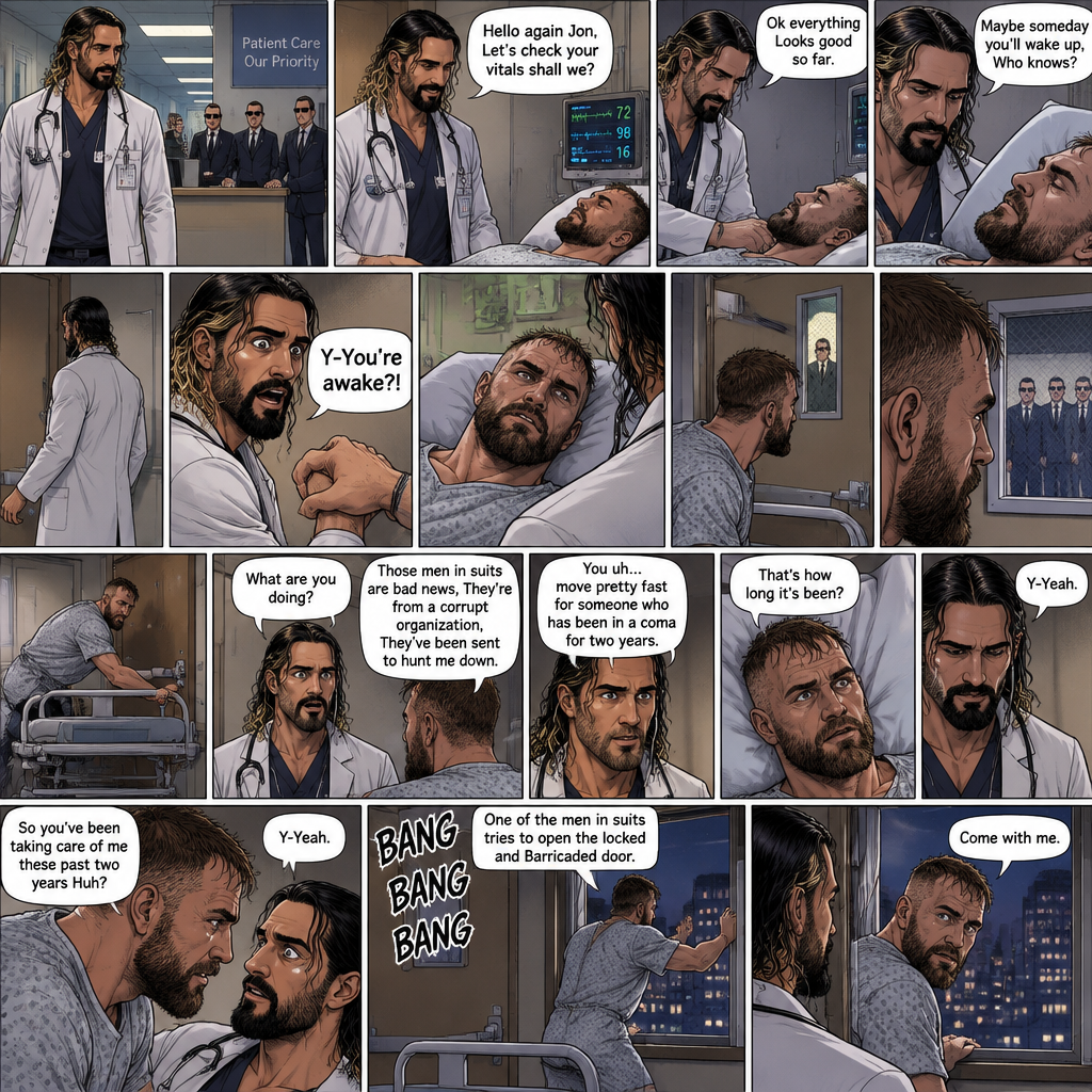 Seth Rollins is a Doctor. He had been looking after a patient (Jon Moxley) who had been in a coma for two years. One day he was walking to Jon’s room,Then he saw men in suits at the front desk. He thought nothing of it and kept walking. He entered Jon’s room. “Hello again Jon,Let’s check your vitals shall we?” Said Seth. He checks Jon’s vitals. “Ok everything Looks good so far” said Seth. He looked at Jon’s face. “Maybe someday you’ll wake up,Who knows?” Said Seth. He got up to leave the room….But a hand grabbed a hold of his wrist. Seth gasped. It was Jon,He’s wide awake and Looking at Seth. “Y-You’re awake” Said Seth. Then Jon carefully got up,Looked out the door and noticed the men in suits. His eyes widened and he shut the door and locked it. “What are you doing?” Seth asked. Jon spoke for the first time since the coma “Those men in suits are bad news,They’re from a corrupt organization,They’ve been sent to hunt me down”. Seth Fell silent,Processing what Jon just said. Jon moved quickly to barricade the door. “You uh…move pretty fast for someone who has been in a coma for two years” said Seth. Jon fell silent while processing that information. “That’s how long it’s been?” Jon asked. Seth nodded slowly. Jon walked slowly toward Seth. “So you’ve been taking care of me these past two years Huh?” Said Jon. Seth got nervous. “Y-Yeah” Seth said Nervously. Then one of the men in suits tried to open the locked and Barricaded door. Jon quickly ran to the window and opened it. He looked at Seth