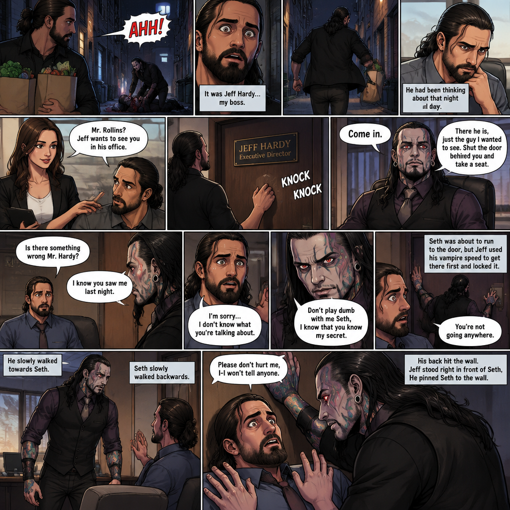 Seth Rollins was working at an office building,last night,on his way home from the grocery store he heard a scream from an alleyway,He looked and saw a Vampire,He recognized the vampire…it was Jeff Hardy…his boss,Seth quietly ran home hoping Jeff didn’t see him,He had been thinking about that night all day,He was snapped out of his thoughts when someone tapped him on the shoulder,It was Jessica Jeff’s assistant,she told him that Jeff wanted to see him in his office,Dread washed over Seth’s face,He walked to Jeff’s office and knocked on the door’”Come in” said Jeff,Seth opened the door,”There he is,just the guy I wanted to see,shut the door behind you and take a seat” said Jeff,Seth closed behind him and took a seat. (And now part 2). “Is there something wrong Mr.Hardy?” Seth asked nervously. Jeff looked at Seth with a serious expression. “I know you saw me last night” said Jeff. Seth had a fearful expression on his face but tried to keep it cool. “I’m sorry…I don’t know what you’re talking about” said Seth. “Don’t play dumb with me Seth,I know that you know my secret” said Jeff. Seth’s heart was pounding. He was about to run to the door,but Jeff used his vampire speed to get there first and locked it. “You’re not going anywhere” Said Jeff. He slowly walked towards Seth. Seth slowly walked backwards. “Please don’t hurt me,I-I won’t tell anyone” Seth said. His back hit the wall. Jeff stood right in front of Seth,He pinned Seth to the wall. (End of part 2)