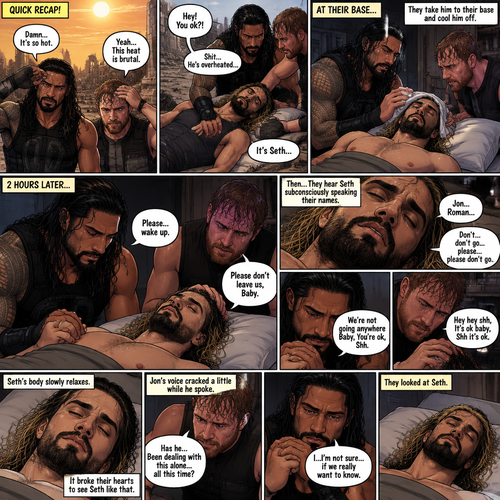 (Quick recap!) Roman reigns and Jon Moxley are in a post apocalypse,They complained about the heat,They see a man passing out because he got over heated,Turned out to be Seth Rollins (The love of their lives btw),They take him to their base and cool them off. (Now onto part 2!).2 hours have passed,Seth was still unconscious,Roman and Jon never left his side.Roman Gently held Seth’s hand. “Please…wake up” Roman pleaded softly.Jon gently stroked Seth’s head.”Please don’t leave us,Baby” Jon pleaded softly.Then….They heard Seth subconsciously speaking their names “Jon…Roman”. “Don’t…don’t go…please…please don’t go” Seth Said in his subconscious.He was having a nightmare. “Hey hey shh,It’s ok baby,Shh it’s ok” Jon said softly. “We’re not going anywhere Baby,You’re ok,Shh” Roman said softly. Seth’s body slowly relaxed.It broke their hearts to see Seth like that.Jon’s voice cracked a little while he spoke. “Has he…Been dealing with this alone…all this time?” Asked Jon.Roman couldn’t even bear the thought of it. “I…I’m not sure…if we really want to know” said Roman.They looked at Seth