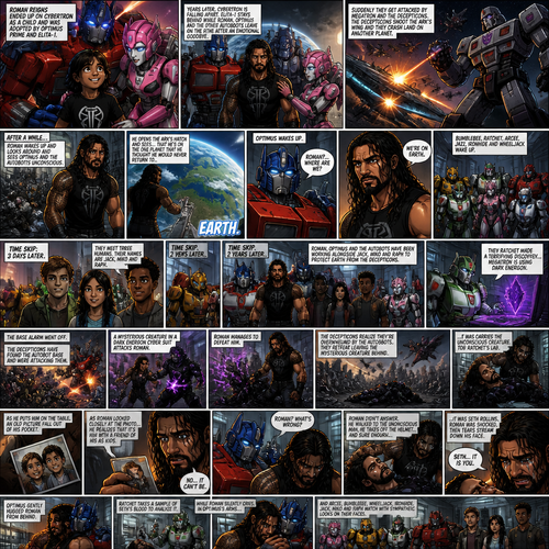 WWE Superstar Roman Reigns ends up on Cybertron as a child and ended up adopted by Optimus Prime and Elita-1.Years later Cybertron is falling apart,Elita-One stays behind while Roman,Optimus Prime and the other Autobots leave on the ark after an emotional goodbye.Then suddenly they get attacked by Megatron and the Decepticons.Then The Deceptions shoot the ark’s wing and Roman and Optimus and the other Autobots crash land on another planet.After A while Roman wake up and looks around and sees Optimus and the Autobots unconscious.Roman opens the Arks hatch and sees…That he’s on the one planet that he thought he would never return to…His home planet..Earth.Then Optimus wakes up.Roman explains to him that they’re on earth,Then bumblebee,Ratchet,Arcee,Jazz,Ironhide and wheel jack wakes up.Timeskip to 3 days later.They meet Three humans,Thier names are Jack,Miko and Raph.Timeskip to 2 years later.Roman and Optimus and the Autobots have been working along side Jack,Miko and Raph to protect earth from the Decepticons.Then Ratchet made a terrifying discovery…Megatron is using Dark energon.Then the base alarm went off.The Decepticons have found the Autobot base and were attacking them.Then a mysterious creature in a dark energon cyber suit attacks Roman.Roman manages to defeat him.The Decepticons realize they’re overwhelmed by the Autobots they retreat leaving the mysterious creature behind.Roman Carries the unconscious creature to Ratchet’s lab.As he puts him on the table an old picture falls out of his pocket.While ratchet Straps the unconscious mysterious creature to the table Roman looks at the photo.There’s two young boy on it,As Roman looked closely at the photo….He realizes that it’s him with a friend of his as kids, “No….It can’t be” said Roman. Optimus and Ratchet Noticed the look on his face, “Roman? What’s Wrong?” Asked Optimus. But Roman didn’t answer.He walked to the unconscious man,He takes off the Helmet…and sure enough…It was Seth Rollins (Roman and Seth are childhood friends in this story).Roman was shocked,Then tears stream down his face. “Seth..It is you” Roman said to him self.Optimus Gently hugged Roman from behind.Ratchet takes a sample of Seth’s blood to analyze it while Roman silently cries in Optimus’s arms and Arcee,Bumblebee,Wheeljack,Ironhide,Jack,Miko and Raph watch with sympathetic looks on their faces