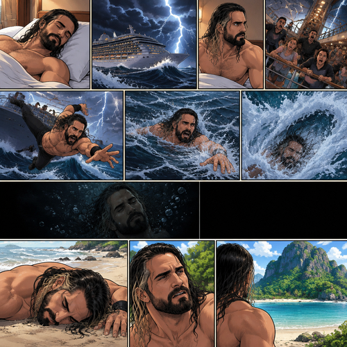 Seth Rollins is on a cruise ship,One night he was asleep,Then suddenly…thunder. He got up. The ship was rocking against the strong waves. Everyone was panicking,Then….Seth fell overboard. He swam as best as he could. The waves were strong,Then…A big wave came crashing down on him. Everything.Went.Black. A few hours have passed,Seth was unconscious on the shore,Then he slowly regained consciousness. He looked at his surroundings,He was on some sort of island. It was a miracle that he survived