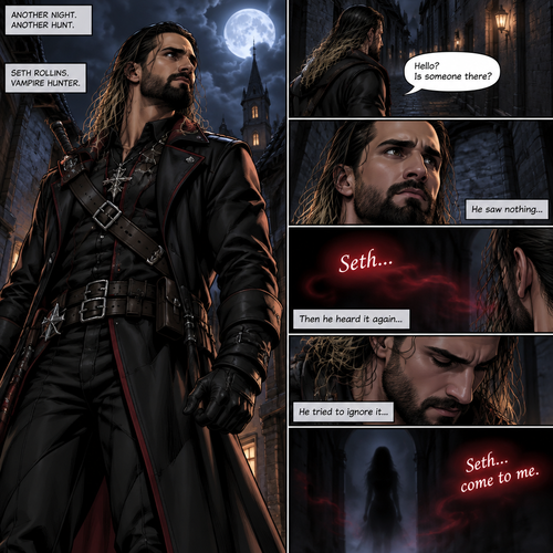 Seth Rollins is a vampire hunter,One night he was out on patrol…then….he heard someone…softly call out his name. “Hello?,Is someone there?” Seth called out. He saw nothing….then he heard it again,He tried to ignore it…but the voice softly spoke again “Seth…come to me”