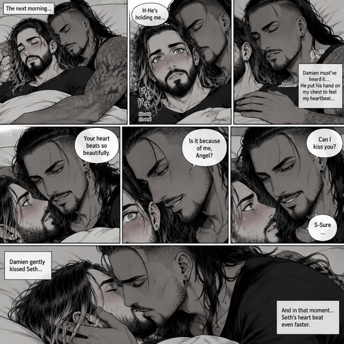 (Recap). Seth Rollins (College student) had just finished studying late at night,Then there was a noise downstairs,he investigated,the front door was open,He closed,Then there was a dripping noise in the kitchen,He goes to investigate,it was just a leaky faucet,He turned it off,he turned around,Damien priest (The bad boy) was right behind him,His chest had scratch marks on it and his shoulder had a huge bite mark on it,Seth was horrified,He goes to turn on the light but Damien grabbed his wrist before he could,he pulled Seth closer to him,Then he puts his head on Seth’s shoulder,His body was shaking a little as if he was crying,he said to Seth “Help me…please…Angel”,Seth slowly wrapped his arms around Damien,Damien’s body slowly relaxed as if he felt safe in Seth’s arms,Seth takes Damien to the bathroom,he grabs a first aid kit,he gently cleans Damien’s wounds and bandages them afterwards,Seth said “There,That should do it,Damien looks up at Seth and softly said “Thank you,Angel”,Seth blushed a little and said to Damien “you’re welcome” (And now part 3). The next morning,Seth and Damien were asleep in Seth’s bed,Seth slowly woke up,He was in Damien’s embrace. He blushed and his heart fluttered. Damien must’ve heard it because he subconsciously put his hand on Seth’s chest to feel Seth’s heartbeat and hummed softly in his sleep. Seth was flustered,Then…Damien slowly woke up and looked at Seth. “Your heart beats so beautifully” Damien said in a soft voice. Damien then whispered in Seth’s ear. “Is it because of me,Angel?” Damien asked seductively. The blush on Seth’s face deepened. Damien gave a smug and seductive smile. “Can I kiss you?” Damien asked softly. Seth Got more Flustered. “S-Sure” Seth said nervously. Damien gently kissed Seth. (End of part 3)