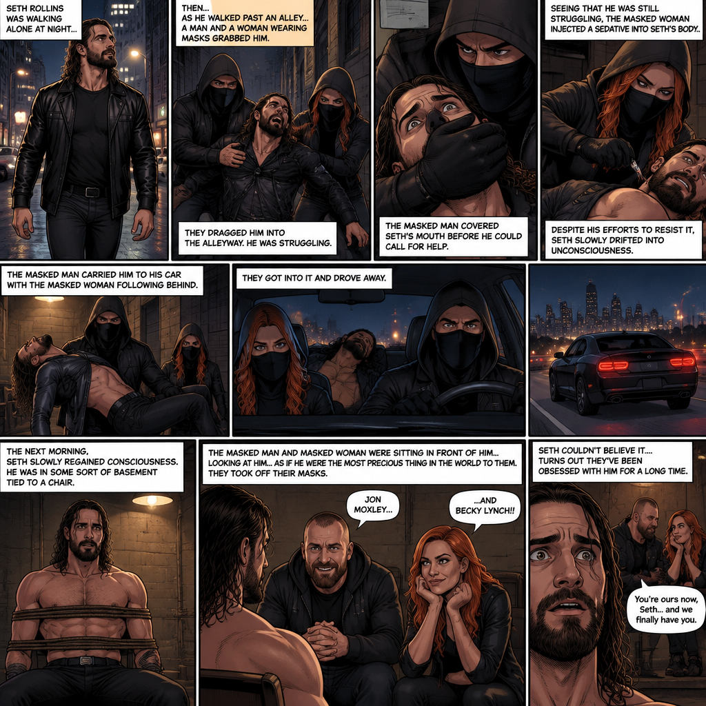 Seth Rollins was walking alone at night,Then….as he walked past an alley…A man and a woman wearing masks grabbed him.They dragged him into the alleyway,He was struggling.The masked man covered Seth’s mouth before he could call for help.Seeing that he was still struggling The masked woman injected a sedative into Seth’s body,Despite his efforts to resist it Seth slowly drifted into unconsciousness.The masked man carried him to his car with the masked woman following behind,they got into it and drove away.The next morning,Seth slowly regained consciousness,He was in some sort of basement tied to a chair.The masked man and masked woman were sitting in front of him…looking at him…as if he were the most precious thing in the world to them.They took off their masks,Seth couldn’t believe it….It was Jon Moxley and Becky Lynch!! Turns out they’ve been obsessed with him for a long time