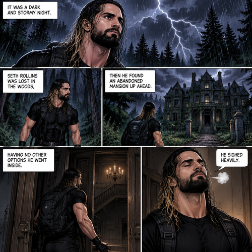 It was a dark and stormy night.Seth Rollins was lost in the woods,Then he found an abandoned mansion up ahead.Having no other options he went inside.He sighed heavily