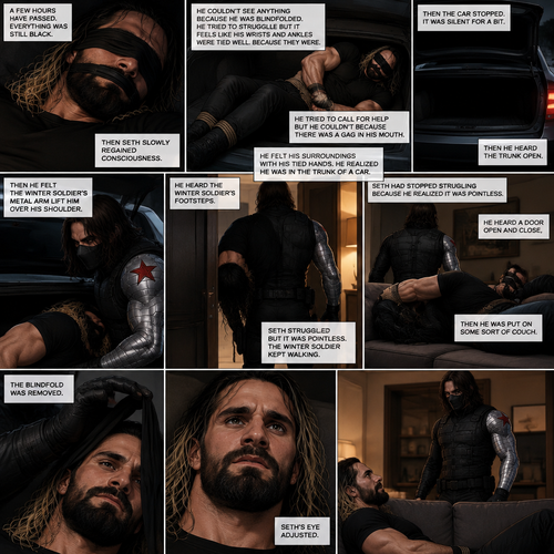 (Recap). Seth Rollins was kidnapped by the winter soldier,A few hours have passed,Everything was still black,Then Seth slowly regained consciousness,He couldn’t see anything because he was blindfolded,He tried to struggle but it feels like his wrists and ankles were tied well because they were,He tried to call for help but he couldn’t Because there was a gag in his mouth,He felt his surroundings with his tied hands,He realized he was in the trunk of a car,Then the car stopped,It was silent for a bit,Then he heard the trunk open,then he felt the winter soldier’s metal arm lift him over his shoulder,He heard the winter soldier’s footsteps,Seth struggled but it was pointless,The winter soldier kept walking. (And now part 3). Seth had stopped struggling because he realized it was pointless. He heard a door open and close,then he was put on some sort of couch. The blindfold was removed. Seth’s eye adjusted