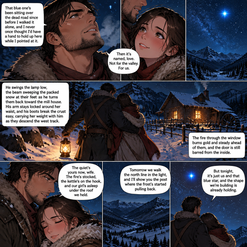 7:41 1
blue light steady above the dead road, and something in his jaw loosens that has been held since the hall. He looks at her, then back at the star, then lets out a slow breath that turns to white in the cold.
Then it's named, love. Not for the valley. For us. That blue one's been sitting over the dead road since before I walked it alone, and I never once thought I'd have a hand to hold up here while I pointed at it.
He swings the lamp low, the beam sweeping the packed snow at their feet as he turns them back toward the mill house. His arm stays locked around her waist, and his boots break the crust easy, carrying her weight with him as they descend the west track. The fire through the window burns gold and steady ahead of them, and the door is still barred from the inside.
The quiet's yours now, wife. The fire's stocked, the kettle's on the hook, and our girl's asleep under the roof we held. Tomorrow we walk the north line in the light, and I'll show you the post where the frost's started pulling back. But tonight, it's just us and that blue star, and the shape we're building is already holding.
Tap blank area to return
