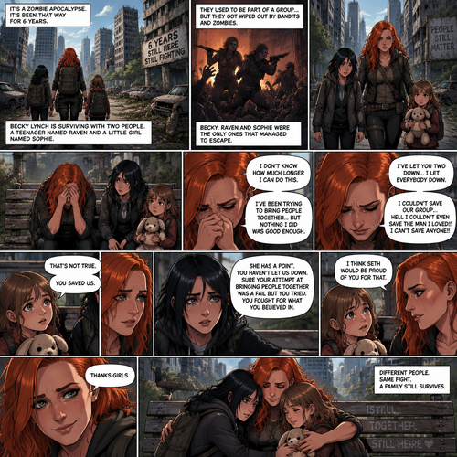 It’s a zombie apocalypse,It’s been that way for 6 years,Becky lynch is surviving with two people,A teenager named Raven and a little girl named Sophie. They used to be part of a group…but they got wiped out by Bandits and Zombies,Becky,Raven and Sophie were the only ones that managed to escape. They’re currently walking in the city. They sat down on a bench to take a break. They were silent for a while. Then…Becky started to cry. Raven and Sophie were concerned. “I don’t know how much longer I can do this” Said Becky. “I’ve been trying to bring people together…but nothing I did was good enough” Becky continued. “I’ve let you two down…I let everybody down” Becky continued. “I couldn’t save our group…hell i couldn’t even save the man I loved!!…I can’t save anyone!” Becky continued. Becky continued to cry. Raven and Sophie were sad to see Becky like this. “That’s not true” said Sophie. “You saved US” Sophie continued. Becky looked at Sophie. “She has a point” said Raven. Becky looked at Raven. “You haven’t let us down,Sure your attempt at bringing people together was a fail but you tried,You fought for what you believed in” Raven continued. “I think Seth would be proud of you for that” said Sophie. Becky smiled softly. “Thanks girls” said Becky. They all hug each other