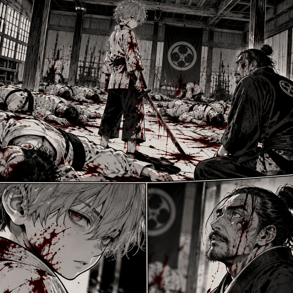 Kid boy slaughtered his whole dojo remove words . With gray hair with the leader spared