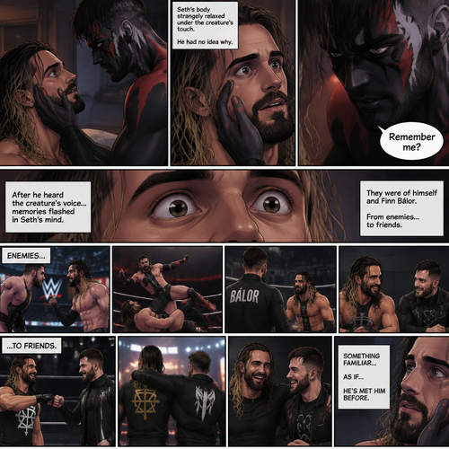 (Recap). Seth Rollins was taken from his tent by the mysterious creature (Finn Bálor) while he was asleep,The next morning,Seth’s group woke up and noticed Seth was gone and started looking for him,Meanwhile,Seth was asleep in some sort of bed,Then he woke up. He was confused,He was in some sort of bedroom,He got up and slowly walked towards the door,Before he touched the door handle…the door opened…the mysterious creature was standing there,Seth’s eyes widened,He stumbled backwards in fear,The mysterious creature walked closer to Seth,He reached towards Seth,Seth’s heart was pounding with fear,He thought the mysterious creature was gonna a hurt him….But….he didn’t…he just gently took his hand and gently pulled him up,They stared at each other,Seth’s heart still pounding with fear. (And now part 3). They’re still staring at each other. The mysterious creature gently placed his hand on Seth’s cheek. Seth’s body strangely relaxed under The creature’s touch,Seth had no idea why. Seth thought there was something familiar about the creature….almost as if….he’s met him before. Then….the creature spoke “Remember me?”. After he heard the creature’s voice….memories flashed in Seth’s mind. They were of himself and Finn Bálor,From enemies…to friends