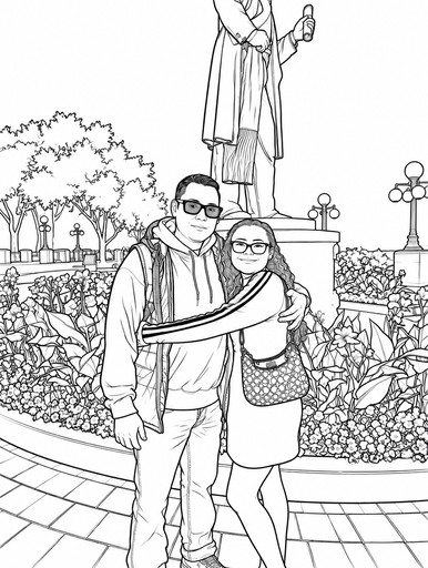Black-and-white manga illustration of two people posing in a garden.