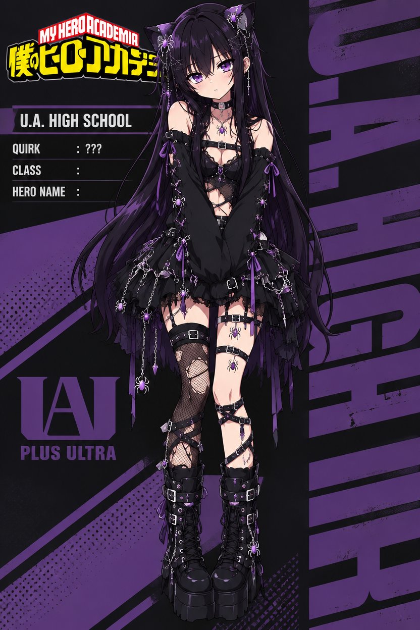 Black-and-purple manga illustration of a person standing in a dark outfit.