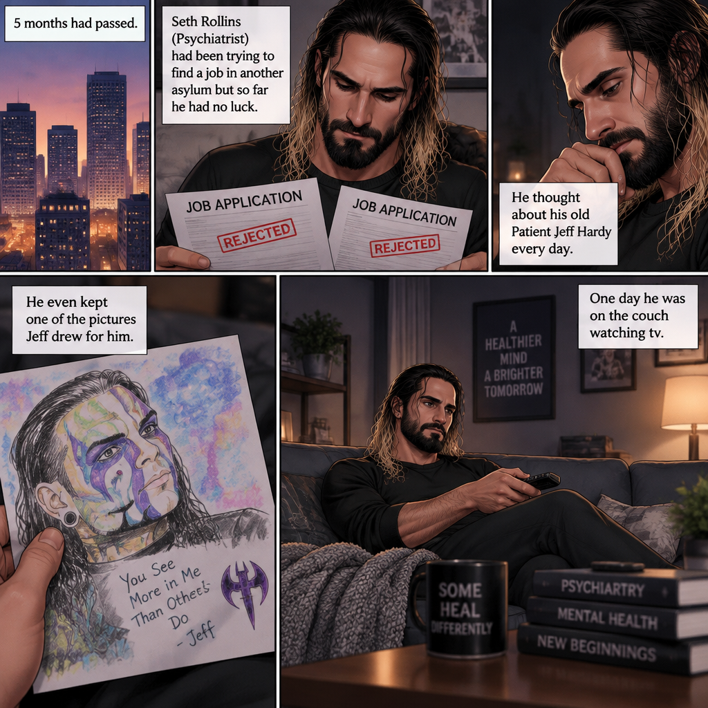 (Part 2) 5 months had passed,Seth Rollins (Psychiatrist) had been trying to find a job in another asylum but so far he had no luck,He thought about his old Patient Jeff Hardy every day. He even kept one of the pictures Jeff drew for him. One day he was on the couch watching tv
