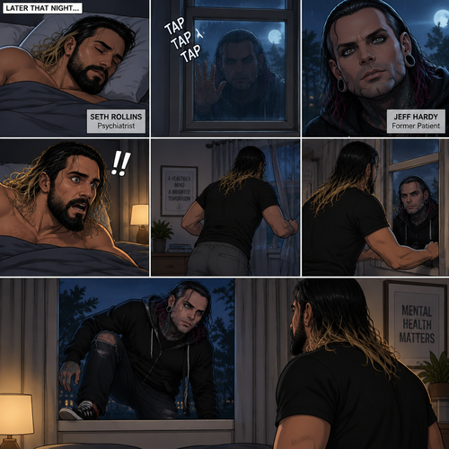 (Part 3) It’s nighttime,Seth Rollins (Psychiatrist) was asleep in his bed,Then…He heard a tap on his window,It was Jeff Hardy his old patient. Seth was shocked and ran to his window. He opened the window to let Jeff in