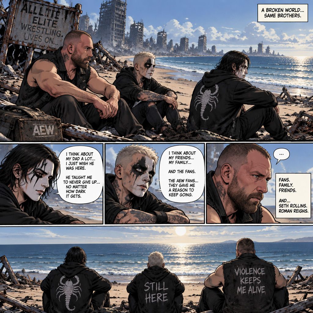 It’s a post apocalyptic world,There was no one walking down on the land….well….except for three AEW wrestlers! Jon Moxley,Darby Allin and Steven Borden (Sting’s son).They worked together side by side in this post apocalyptic world.They thought they were the last wrestlers alive….but little did they know…that on this day….they would be proven wrong.It was a sunny afternoon,Jon,Darby and Steven were just sitting near a beach talking and reminiscing about the time before this world became barren.Steven was reminiscing about his dad and how much he misses him,Darby was reminiscing about his friends,His family and the fans at AEW.Jon was sitting silently,Thinking about the fans at AEW and some other people in his life…He was also thinking about…Seth Rollins and Roman Reigns.He looked at the ocean