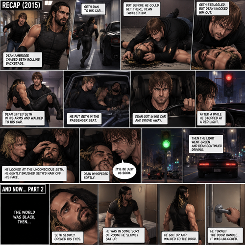 (Recap). It’s the year 2015,Seth Rollins was being chased backstage by Dean Ambrose,Seth was running to his car,but before he could get there Dean tackled him,Seth struggled,Dean knocked him out,He lifted Seth in his arms and walked to his car,He put Seth in the passenger seat,He gets in his car and drove away,After a while he stopped at a red light,He looked at the unconscious Seth,He gently brushed Seth’s hair off his face,”It’ll be just us soon” Dean Whispered softly,Then the light went green and Dean continued driving. (And now part 2). The world was black,Then…Seth slowly opened his eyes. He was in some sort of room. He slowly sat up. He was confused as to where he is and why he’s here. He got up and walked to the door. He turned the door handle…it was unlocked