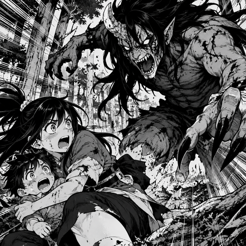 An adolescent girl and a lil boy been attacked by a semi demon in the woods 
