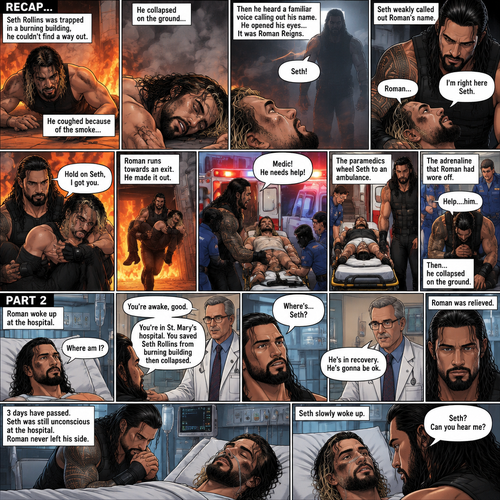 (Recap) Seth Rollins was trapped in a burning building,he couldn’t find a way out,he coughed because of the smoke,he collapsed on the ground,then he heard a familiar voice calling out his name,He opened his eyes,it was Roman Reigns,Seth weakly called out Roman’s name,Roman Rushed over to Seth,”I’m right here Seth” said Roman,he lifted Seth in his arms,”Hold on Seth,I got you” Roman said to Seth”,Roman runs towards an exit,he made it out,He runs to an ambulance with Seth in his arms,”Medic! He needs help!” Roman yelled,he puts Seth on a gurney,the paramedics wheel Seth to an ambulance,the adrenaline that Roman had wore off,”Help….him” said Roman,then….he collapsed on the ground,another team of paramedics rushed to Roman. (And now part 2). Roman woke up at the hospital. A doctor walked in. “You’re awake,good” said the doctor. “Where am I?” Roman asked. “You’re in st. Mary’s hospital,You Saved Seth Rollins from a burning building then collapsed” said the doctor. “Where’s…Seth?” Roman asked. “He’s in recovery,He’s gonna be ok” said the doctor. Roman was relieved. 3 days have passed,Seth was still unconscious at the hospital. Roman never left his side. Seth slowly woke up. “Seth? Can you hear me?” Roman asked softly