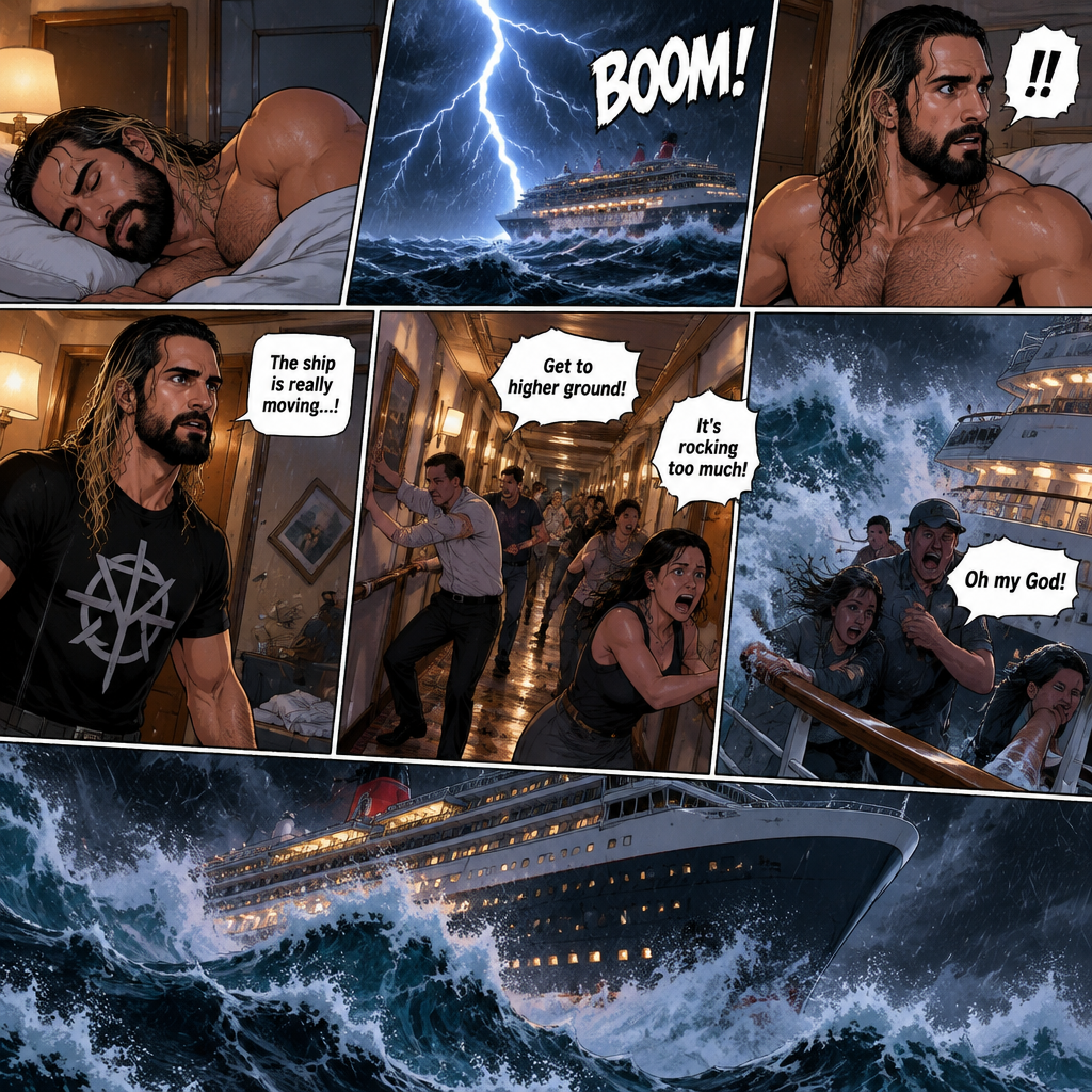 Seth Rollins is on a cruise ship,One night he was Asleep,Then suddenly thunder. He got up. The boat was rocking against the strong waves. Everyone was panicking
