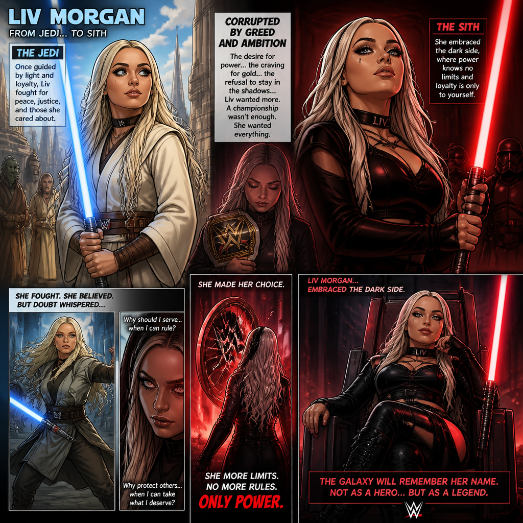 WWE superstar Liv Morgan as a Jedi but then She’s corrupted by greed and ambition and Joins the dark side as a Sith