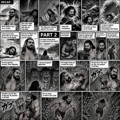 (Recap) Seth Rollins was on a cruise,then one night Thunder came,Seth got up from bed,The ship was rocking against the waves,Seth fell overboard,He swam as best he could,A wave crashed down on him,Everything went black,A few hours later,Seth woke up on shore,He was on an island,He has to figure out how to survive on the island. (And now part 2). It’s been 8 days since he ended up on the island. He has food and shelter. He tried to use an old radio to call for help but it wouldn’t work. He noticed he ran out of food,So he went back into the jungle to get some more. He was looking around,Then suddenly….A group of jaguars appeared! He fought them off as best he could. He got bit in the arm by one,He yanked it off him. Another one bit him in the leg,He yanked it off him. He ran away as best as he could