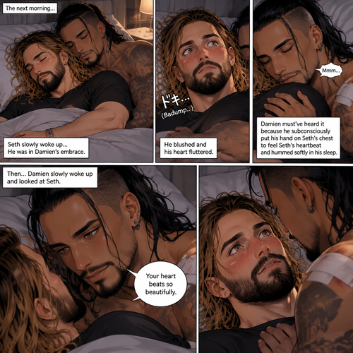 (Recap). Seth Rollins (College student) had just finished studying late at night,Then there was a noise downstairs,he investigated,the front door was open,He closed,Then there was a dripping noise in the kitchen,He goes to investigate,it was just a leaky faucet,He turned it off,he turned around,Damien priest (The bad boy) was right behind him,His chest had scratch marks on it and his shoulder had a huge bite mark on it,Seth was horrified,He goes to turn on the light but Damien grabbed his wrist before he could,he pulled Seth closer to him,Then he puts his head on Seth’s shoulder,His body was shaking a little as if he was crying,he said to Seth “Help me…please…Angel”,Seth slowly wrapped his arms around Damien,Damien’s body slowly relaxed as if he felt safe in Seth’s arms,Seth takes Damien to the bathroom,he grabs a first aid kit,he gently cleans Damien’s wounds and bandages them afterwards,Seth said “There,That should do it,Damien looks up at Seth and softly said “Thank you,Angel”,Seth blushed a little and said to Damien “you’re welcome” (And now part 3). The next morning,Seth and Damien were asleep in Seth’s bed,Seth slowly woke up,He was in Damien’s embrace. He blushed and his heart fluttered. Damien must’ve heard it because he subconsciously put his hand on Seth’s chest to feel Seth’s heartbeat and hummed softly in his sleep. Seth was flustered,Then…Damien slowly woke up and looked at Seth. “Your heart beats so beautifully” Damien said in a soft voice.