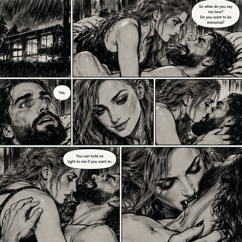 Part 4.Still in Seth Rollins’s house,Still raining outside.Seth Rollins and Becky lynch are in Seth’s room,Becky is on top of him,Seth’s eyes were widened and his breath hitched a little after Becky offered him immortality. “So what do you say my love? Do you want to be immortal?” Asked Becky.Seth thought about for a bit…Then he made his decision. “Yes” Seth said softly.Becky smiled and gently kissed him.She then pulled away from his lips and leaned towards his neck. “You can hold on tight to me if you want to” Becky said softly. Seth holds onto her,Then…Becky’s vampire fangs pierced his neck