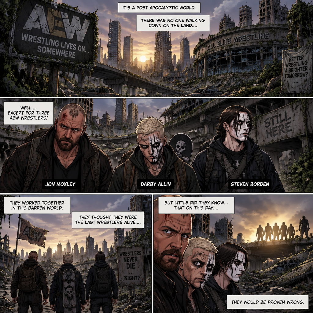 It’s a post apocalyptic world,There was no one walking down on the land….well….except for three AEW wrestlers! Jon Moxley,Darby Allin and Steven Borden (Sting’s son).They worked together side by side in this post apocalyptic world.They thought they were the last wrestlers alive….but little did they know…that on this day….they would be proven wrong