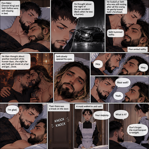 (Part 5 of the Demon King x human story) Finn Bálor (Demon King) and Seth Rollins were still relaxing in bed. Finn thought about the night of the car accident (Back when he was a human). He looked at Seth who was still resting after all the crying. He gently kissed Seth’s forehead. Seth hummed softly. Finn smiled softly. He then thought about another moment of his human days…the night he and Seth got drunk at a bar and got…close. Seth slowly opened his eyes. “Hey” Finn said softly. “Hey” Seth said softly.  “Rest well?” Finn asked softly. “Yeah” Seth said softly. “I’m glad” Finn said softly. Then there was a knock on the door and a maid walked in and said “Your majesty”. “What is it?” Finn asked. “Don’t forget the royal banquet is tonight” Said the maid
