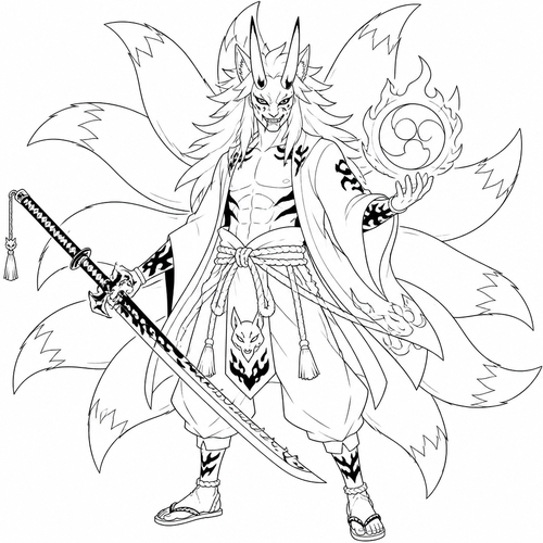 Oni Nine tailed fox humanoid with a weapon in one hand and in the other hand is holding a symbol made out of power easy level to trace