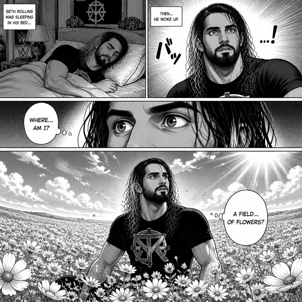 Seth Rollins was sleeping in his bed.Then he woke up…On a field of flowers