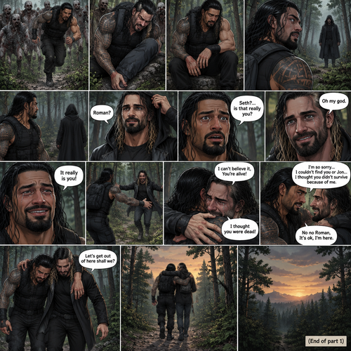 Roman Reigns is in a zombie apocalypse,He walking in the woods. He hurt his ankle while running away from a zombie horde. He’s far away from them and limping in the woods. The pain in his ankle was too much to ignore so he sat down on a rock,he sat there for a while….then….he heard distant footsteps. He looked behind him. There’s a hooded figure in the distance. He slowly stood up,he had his guard up. The hooded figure stopped walking. They were silent for a while. Then….the hooded figure took off his hood…it was….Seth Rollins. “Roman?” Said Seth. Roman’s eyes widened. “Seth?…is that really you?” Roman asked. Seth slowly smiled with joy. “Oh my god” Seth said softly. Roman slowly smiled and tears of joy welled up in his eyes. “It really is you!” Said Roman. Roman limped towards Seth while Seth runs towards Roman. They hugged each other and cried tears of joy. “I can’t believe it,You’re alive!” Seth Said through his tears. “I thought you were dead!” Roman said through his tears. After a while Roman and Seth looked at each other. “I’m so sorry…I couldn’t find you or Jon….I thought you didn’t survive because of me” said Roman. “No no Roman,It’s ok,I’m here” Seth said softly. Seth Wrapped Roman’s arm around his neck to help Roman walk. “Let’s get out of here shall we?” Said Seth. They began walking. (End of part 1)