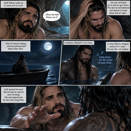 (Part 2 of the siren x human story). The next morning Seth Rollins woke up in some sort of cave,He was confused as to how he got there.The last he remembered was being in a boat alone late at night…then he heard singing…and everything went blank after that,Then….A memory flashed in his mind….A siren (Roman Reigns) came to his boat…he was the one singing. Seth leaned forward like he had no control over his body (He was hypnotized by the siren song btw)
