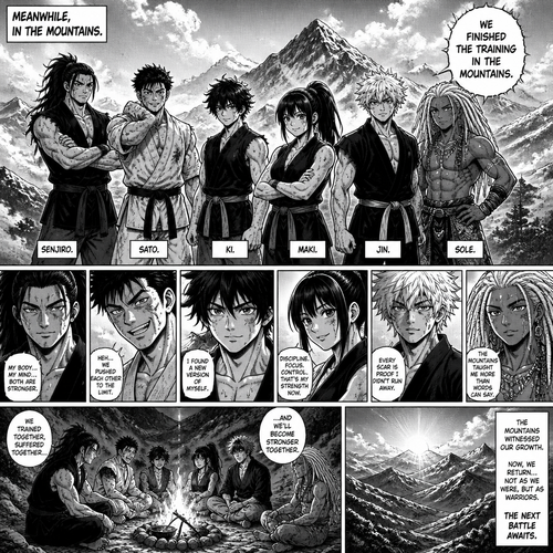 Meanwhile, in the mountains. Senjiro.  Sato.   Ki.   Maki.   Jin.  And. Sole. Finish the training in the mountains.